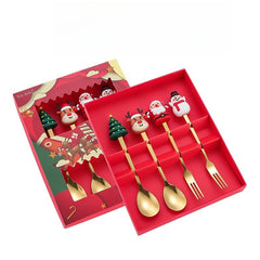 Set 4 Tacamuri, Kadeny, Tema Craciun, 2 Linguri + 2 Furculite, cu Figurine, din Otel Inoxidabil, Cutie Cadou, 19 x 15 x 2.2 cm, Auriu