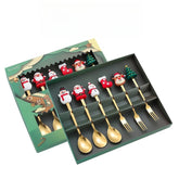 Set 6 Tacamuri, Kadeny, Tema Craciun, 3 Linguri + 3 Furculite, cu Figurine, din Otel Inoxidabil, Cutie Cadou, 19 x 22 x 2.2 cm, Auriu