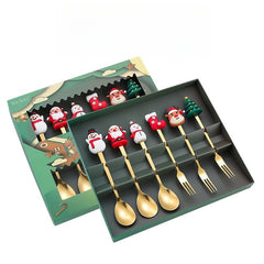 Set 6 Tacamuri, Kadeny, Tema Craciun, 3 Linguri + 3 Furculite, cu Figurine, din Otel Inoxidabil, Cutie Cadou, 19 x 22 x 2.2 cm, Auriu