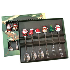Set 6 Tacamuri, Kadeny, Tema Craciun, 3 Linguri + 3 Furculite, cu Figurine, din Otel Inoxidabil, Cutie Cadou, 19 x 22 x 2.2 cm, Argintiu