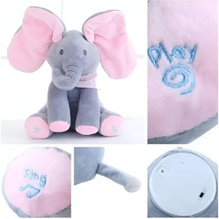 Jucarie Interactiva pentru Copii, Kaveny, Elefantel Peek-a-boo, Muzica, Misca Urechile, Alimentare cu Baterii, 30 cm, Roz-Gri