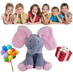 Jucarie Interactiva pentru Copii, Kaveny, Elefantel Peek-a-boo, Muzica, Misca Urechile, Alimentare cu Baterii, 30 cm, Roz-Gri
