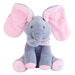 Jucarie Interactiva pentru Copii, Kaveny, Elefantel Peek-a-boo, Muzica, Misca Urechile, Alimentare cu Baterii, 30 cm, Roz-Gri