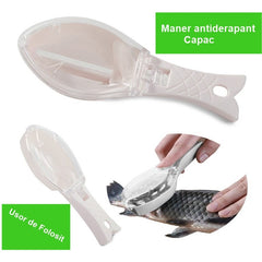 Curatator Manual Solzi de Peste, Kadeny, Forma Peste , Recipient cu Capcac pentru Solzi, Plastic, Roz pal, 16x6 cm