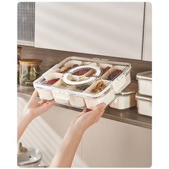 Cutie Alimentara Multifunctionala, Kadeny, pentru Condimente, Gustari, Inchidere Etans, cu Capac si Maner, 8 Compartimente, 32 x 8 x 25 cm, Alb