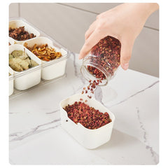 Cutie Alimentara Multifunctionala, Kadeny, pentru Condimente, Gustari, Inchidere Etans, cu Capac si Maner, 8 Compartimente, 32 x 8 x 25 cm, Alb