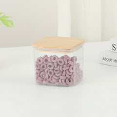 Cutie de Depozitare Alimente, Kadeny, Cutie de tip Container, Cutie pentru Cereale, din Plastic, Capac din Bambuc, 10 x 10 x 8 cm, Volum 0.5 L, Transparenta