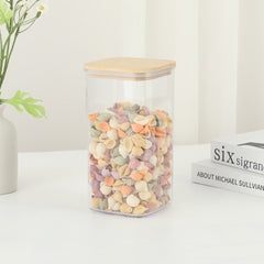 Cutie de Depozitare Alimente, Kadeny, Cutie de tip Container, Cutie pentru Cereale, din Plastic, Capac din Bambuc, 10 x 10 x 19 cm, Volum 1.2l, Transparent