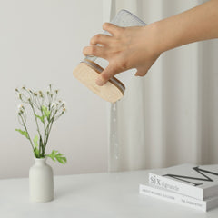 Cutie de Depozitare Alimente, Kadeny, Cutie de tip Container, Cutie pentru Cereale, din Plastic, Capac din Bambuc, 10 x 10 x 19 cm, Volum 1.2l, Transparent