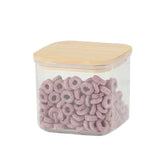 Cutie de Depozitare Alimente, Kadeny, Cutie de tip Container, Cutie pentru Cereale, din Plastic, Capac din Bambuc, 10 x 10 x 8 cm, Volum 0.5 L, Transparenta