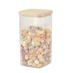 Cutie de Depozitare Alimente, Kadeny, Cutie de tip Container, Cutie pentru Cereale, din Plastic, Capac din Bambuc, 10 x 10 x 19 cm, Volum 1.2l, Transparent