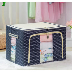 Cutie de Depozitare Pliabila, Kaveny, 24 L, Panza Oxford, 40x30x20 cm, Fereastra Frontala, 2 Usi de Acces cu Fermoar Bidirectional, Cadru Metalic, Suport Baza Stabil din Plastic, Imprimeu buline, Albastru Marin