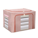 Cutie de Depozitare Pliabila, Kaveny, 66 L, din Bumbac si In, 50x40x33 cm, 2 Ferestre, Frontala si Laterala, 2 Usi de Acces cu Fermoar Bidirectional, Cadru Metalic, Suport Baza Stabil din Plastic, Roz Pudrat