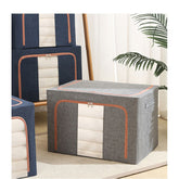 Cutie de Depozitare Pliabila, Kaveny, 66 L, din Bumbac si In, 50x40x33 cm, Fereastra Frontala, 2 Usi de Acces cu Fermoar Bidirectional, Cadru Metalic, Suport Baza Stabil din Plastic, Gri