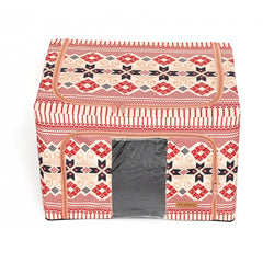 Cutie de Depozitare Pliabila, Kaveny, 66 L din Bumbac si In, 52 x 42 x 39 cm, Fereastra Frontala, 2 Usi de Acces cu Fermoar Bidirectional, Cadru Metalic, Suport Baza Stabil din Plastic, Motiv Traditional Model 5