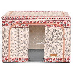 Cutie de Depozitare Pliabila, Kaveny, 66 L din Bumbac si In, 52 x 42 x 39 cm, Fereastra Frontala, 2 Usi de Acces cu Fermoar Bidirectional, Cadru Metalic, Suport Baza Stabil din Plastic, Motiv Traditional Model 6