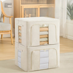 Cutie de Depozitare Pliabila, Kaveny, Cu Fereastra si Fermoar Dublu, 66 L, Textil Premium, 50x40x33 cm, Cadru Metalic, Impermeabila, Bej