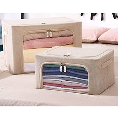 Cutie de depozitare pliabila, Kaveny, Cu fermoar, 100 L, Textil, 60x42x40 cm, Cadru Metalic, Suport Baza Stabil din Plastic, Crem cu Doua Ferestre