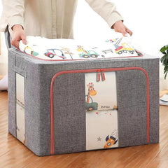Cutie de depozitare pliabila, Kaveny, Cu fermoar, 100 L, Textil, 60x42x40 cm, Cadru Metalic, Suport Baza Stabil din Plastic, Gri, Cu doua ferestre