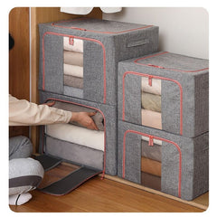 Cutie de depozitare pliabila, Kaveny, Cu fermoar, 100 L, Textil, 60x42x40 cm, Cadru Metalic, Suport Baza Stabil din Plastic, Gri, Cu doua ferestre