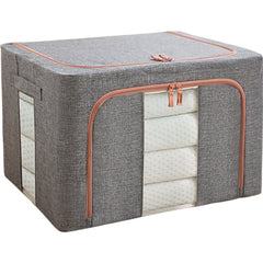 Cutie de depozitare pliabila, Kaveny, Cu fermoar, 100 L, Textil, 60x42x40 cm, Cadru Metalic, Suport Baza Stabil din Plastic, Gri, Cu doua ferestre