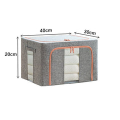 Cutie de Depozitare Pliabila, Kaveny, 24 L, din Bumbac si In, 40x30x20 cm, 2 Ferestre, Frontala si Laterala, 2 Usi de Acces cu Fermoar Bidirectional, Cadru Metalic, Suport Baza Stabil din Plastic, Gri