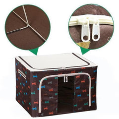 Cutie de Depozitare Pliabila, Kaveny, 24 L, Panza Oxford, 40x30x20 cm, Fereastra Frontala, 2 Usi de Acces cu Fermoar Bidirectional, Cadru Metalic, Suport Baza Stabil din Plastic, Imprimeu Catelus, Maro/Bej