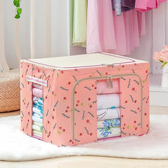 Cutie de Depozitare Pliabila, Kaveny, 24 L, Panza Oxford, 40x30x20 cm, Fereastra Frontala, 2 Usi de Acces cu Fermoar Bidirectional, Cadru Metalic, Suport Baza Stabil din Plastic, Imprimeu Cirese, Roz
