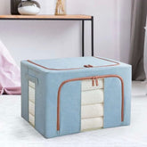 Cutie de Depozitare Pliabila, Kaveny, 66 L, din Bumbac si In, 50x40x33 cm, 2 Ferestre, Frontala si Laterala, 2 Usi de Acces cu Fermoar Bidirectional, Cadru Metalic, Suport Baza Stabil din Plastic, Bleu