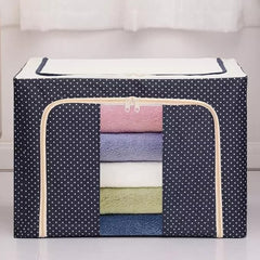 Cutie de Depozitare Pliabila, Kaveny, 66 L, din Panza Oxford, 50x40x33 cm, 2 Ferestre, Frontala si Laterala, 2 Usi de Acces cu Fermoar Bidirectional, Cadru Metalic, Suport Baza Stabil din Plastic, Imprimeu Buline, Albastru Marin