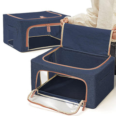 Cutie de depozitare pliabila, Kaveny, Cu fermoar, 66 L, Textil, 50x40x33 cm, Albastru Marin, Cadru Metalic, Suport Baza Stabil din Plastic, Cu doua ferestre