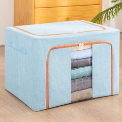Cutie de Depozitare Pliabila, Kaveny, 66 L, din Bumbac si In, 50x40x33 cm, Fereastra Frontala, 2 Usi de Acces cu Fermoar Bidirectional, Cadru Metalic, Suport Baza Stabil din Plastic, Bleu