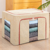 Cutie de Depozitare Pliabila, Kaveny, 66 L, din Bumbac si In, 50x40x33 cm, 2 Ferestre, Frontala si Laterala, 2 Usi de Acces cu Fermoar Bidirectional, Cadru Metalic, Suport Baza Stabil din Plastic, Bej