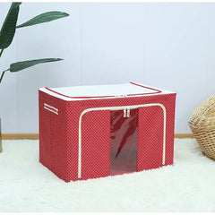 Cutie de Depozitare Pliabila, Kaveny, 66 L, din Tesatura Oxford, 50x40x33 cm, Fereastra Frontala, 2 Usi de Acces cu Fermoar Bidirectional, Cadru Metalic, Suport Baza Stabil din Plastic, Imprimeu Buline, Rosu