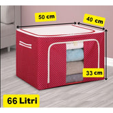 Cutie de Depozitare Pliabila, Kaveny, 66 L, din Tesatura Oxford, 50x40x33 cm, Fereastra Frontala, 2 Usi de Acces cu Fermoar Bidirectional, Cadru Metalic, Suport Baza Stabil din Plastic, Imprimeu Buline, Rosu