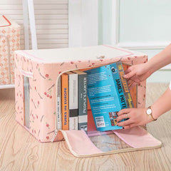 Cutie de Depozitare Pliabila, Kaveny, 66 L, din Tesatura Oxford, 50x40x33 cm, 2 Ferestre, Frontala si Laterala, 2 Usi de Acces cu Fermoar Bidirectional, Cadru Metalic, Suport Baza Stabil din Plastic, Imprimeu Cirese, Roz