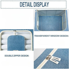 Cutie de Depozitare Pliabila, Kaveny, 24 L, din Bumbac si In, 40x30x20 cm, Fereastra Frontala, 2 Usi de Acces cu Fermoar Bidirectional, Cadru Metalic, Suport Baza Stabil din Plastic, Bleu