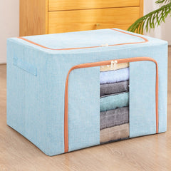 Cutie de Depozitare Pliabila, Kaveny, 24 L, din Bumbac si In, 40x30x20 cm, Fereastra Frontala, 2 Usi de Acces cu Fermoar Bidirectional, Cadru Metalic, Suport Baza Stabil din Plastic, Bleu
