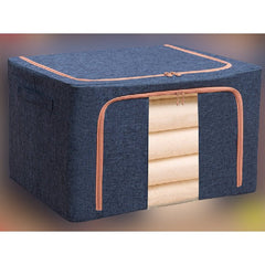 Cutie de Depozitare Pliabila, Kaveny, 24 L, din Bumbac si In, 40x30x20 cm, Fereastra Frontala, 2 Usi de Acces cu Fermoar Bidirectional, Cadru Metalic, Suport Baza Stabil din Plastic, Albastru Marin