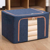 Cutie de Depozitare Pliabila, Kaveny, 24 L, din Bumbac si In, 40x30x20 cm, Fereastra Frontala, 2 Usi de Acces cu Fermoar Bidirectional, Cadru Metalic, Suport Baza Stabil din Plastic, Albastru Marin