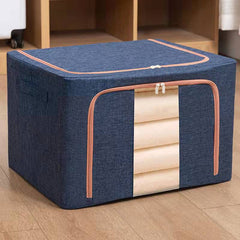 Cutie de Depozitare Pliabila, Kaveny, 66 L, din Bumbac si In, 50x40x33 cm, Fereastra Frontala, 2 Usi de Acces cu Fermoar Bidirectional, Cadru Metalic, Suport Baza Stabil din Plastic, Albastru Marin