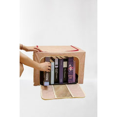 Cutie de Depozitare Pliabila, Kaveny, 66 L, din Bumbac si In, 50x40x33 cm, Fereastra Frontala, 2 Usi de Acces cu Fermoar Bidirectional, Cadru Metalic, Suport Baza Stabil din Plastic, Roz Pudrat