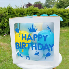 Cutie pentru Baloane, Kaveny, Tematica Aniversare, Model Scris Happy Birthday, Baloane Albastre, Albe, Galbene si Panglica Incluse, Contur Alb, Transparenta, 30x30 cm