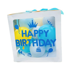 Cutie pentru Baloane, Kaveny, Tematica Aniversare, Model Scris Happy Birthday, Baloane Albastre, Albe, Galbene si Panglica Incluse, Contur Alb, Transparenta, 30x30 cm