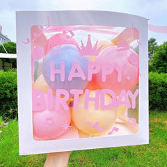 Cutie pentru Baloane, Kaveny, Tematica Aniversare, Model Scris Happy Birthday, Baloane Albastre, Roz, Galbene si Panglica Incluse, Contur Alb, Transparenta, 30x30 cm