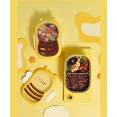 Cutie pentru Pranz, Kadeny, din PP si Otel Inoxidabil, Model Albina, 2 Compartimente, 301-500 ml, Galben