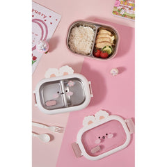 Cutie pentru Pranz sau Gustari, Kadeny, cu Doua Compartimente, Model Iepuras, pentru Copii si Adulti, Etansare, PP, Perfect pentru Scoala si Birou, 1000 mL, 22x17.8x8 cm, Alb