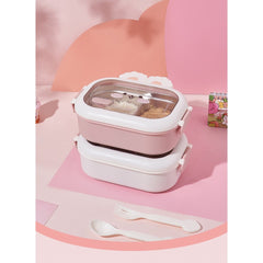 Cutie pentru Pranz sau Gustari, Kadeny, cu Doua Compartimente, Model Iepuras, pentru Copii si Adulti, Etansare, PP, Perfect pentru Scoala si Birou, 1000 mL, 22x17.8x8 cm, Roz