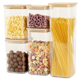 Cutii de Depozitare Alimente, Kadeny, Set din 5 Cutii de tip Container, Cutii pentru Cereale, din Plastic, Capac din Bambuc, 1pc 0.5 l. 2pc 0.8 l, 2pc 1.2 l, 1pc 1.9 l, Transparente