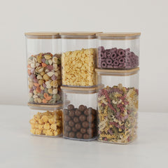 Cutii de Depozitare Alimente, Kadeny, Set din 6 Cutii de tip Container, Cutii pentru Cereale, din Plastic, Capac din Bambuc, 2pc 0.5 l. 2pc 0.8 l, 2pc 1.2 l, Transparente